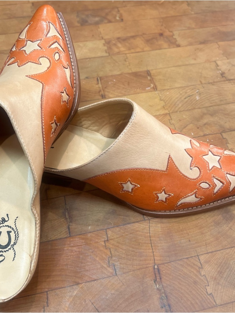Charlie Horse Beige and Orange Star Appliqué Leather Mules - Picture 6 of 6